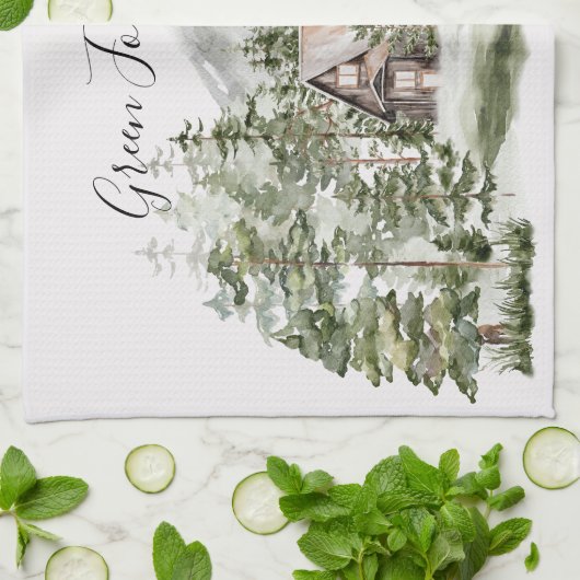 緑の松の森の森の森の中の水彩小屋 キッチンタオル (折り畳み)