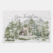 緑の松の森の森の森の中の水彩小屋 キッチンタオル (横)