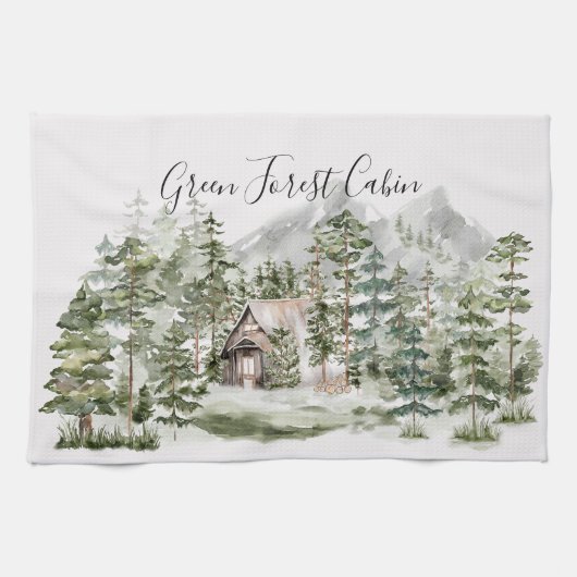 緑の松の森の森の森の中の水彩小屋 キッチンタオル (横)