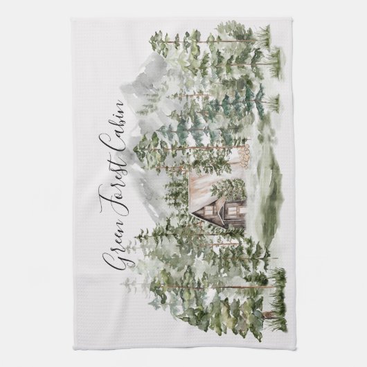 緑の松の森の森の森の中の水彩小屋 キッチンタオル (縦)
