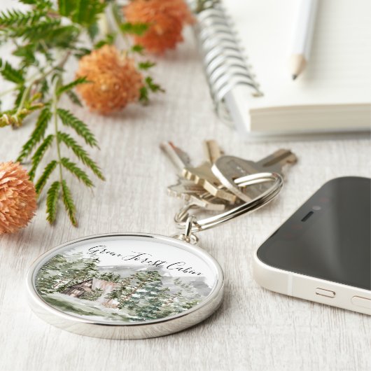 緑の松の森の森の森の中の水彩小屋 キーホルダー (側面)