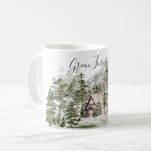 緑の松の森の森の森の中の水彩小屋 コーヒーマグカップ (正面左)