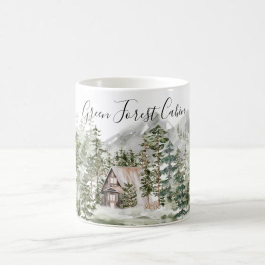 緑の松の森の森の森の中の水彩小屋 コーヒーマグカップ (中央)