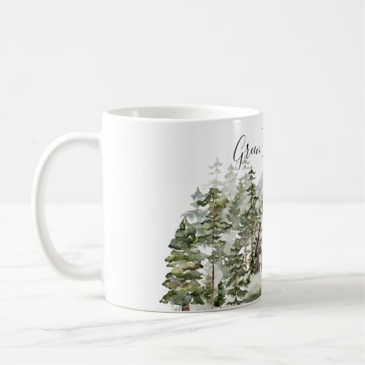 緑の松の森の森の森の中の水彩小屋 コーヒーマグカップ (左)