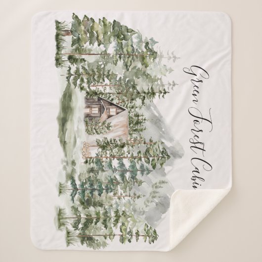緑の松の森の森の森の中の水彩小屋 シェルパブランケット (正面)