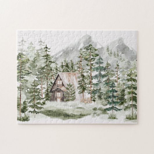 緑の松の森の森の森の中の水彩小屋 ジグソーパズル (横)
