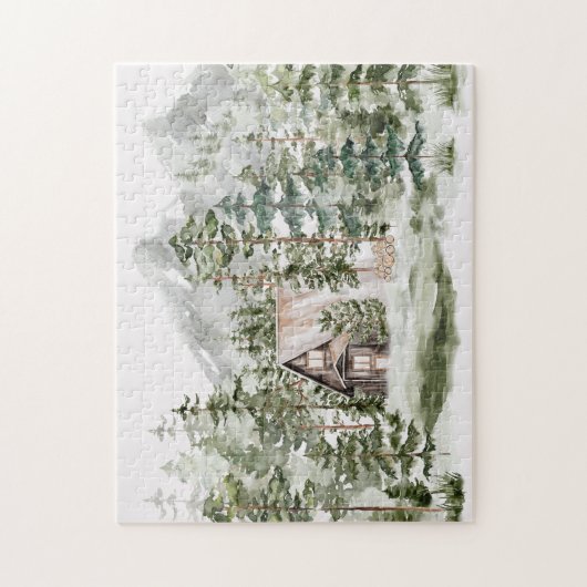 緑の松の森の森の森の中の水彩小屋 ジグソーパズル (縦)