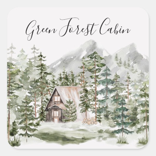 緑の松の森の森の森の中の水彩小屋 スクエアシール (正面)