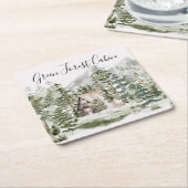 緑の松の森の森の森の中の水彩小屋 スクエアペーパーコースター (アングル)