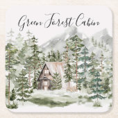 緑の松の森の森の森の中の水彩小屋 スクエアペーパーコースター (正面)