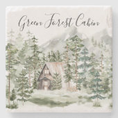 緑の松の森の森の森の中の水彩小屋 ストーンコースター (正面)