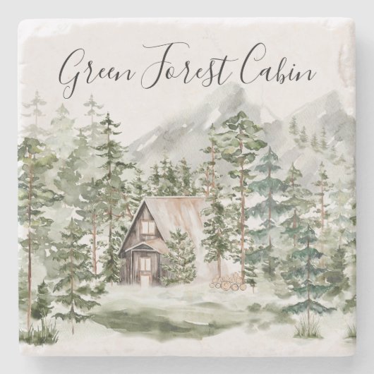 緑の松の森の森の森の中の水彩小屋 ストーンコースター (正面)