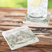 緑の松の森の森の森の中の水彩小屋 ストーンコースター