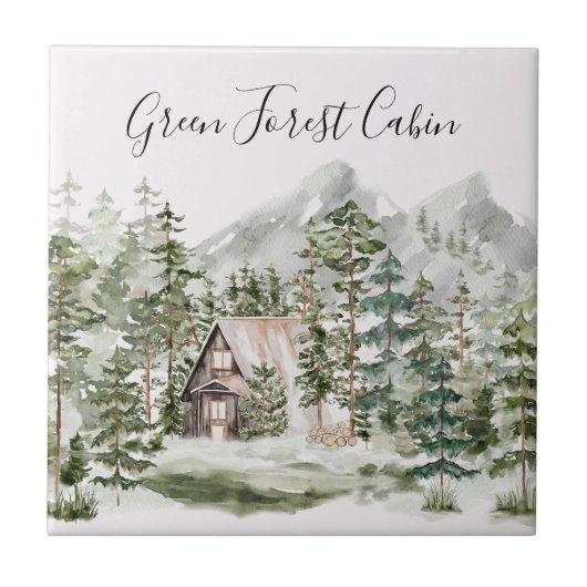緑の松の森の森の森の中の水彩小屋 タイル (正面)