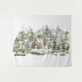 緑の松の森の森の森の中の水彩小屋 タペストリー (正面(横))