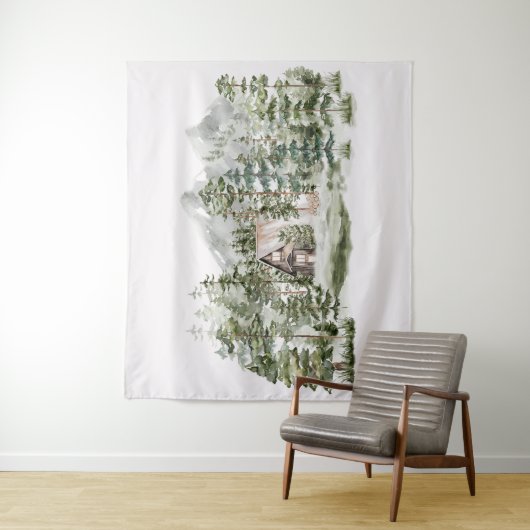 緑の松の森の森の森の中の水彩小屋 タペストリー (インサイチュ)