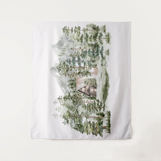 緑の松の森の森の森の中の水彩小屋 タペストリー (正面)