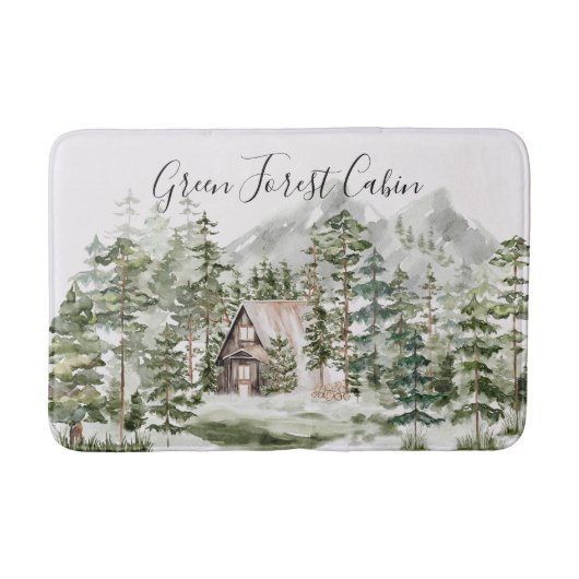 緑の松の森の森の森の中の水彩小屋 バスマット (正面)