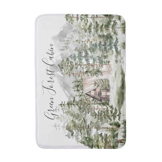 緑の松の森の森の森の中の水彩小屋 バスマット (正面縦)