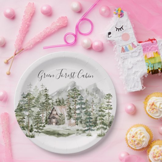 緑の松の森の森の森の中の水彩小屋 ペーパープレート (パーティー)