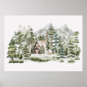 緑の松の森の森の森の中の水彩小屋 ポスター (正面)
