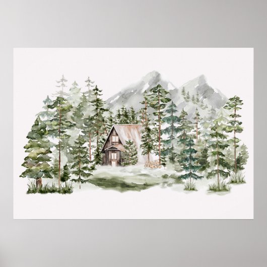 緑の松の森の森の森の中の水彩小屋 ポスター (正面)
