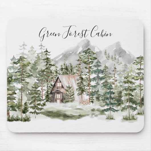 緑の松の森の森の森の中の水彩小屋 マウスパッド (正面)