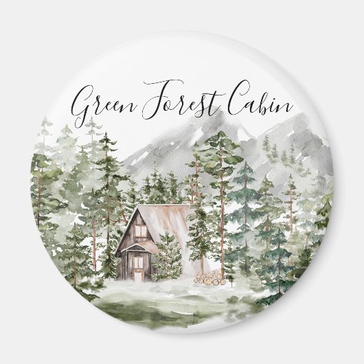 緑の松の森の森の森の中の水彩小屋 マグネット (正面)