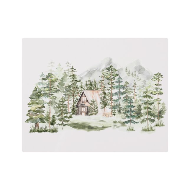 緑の松の森の森の森の中の水彩小屋 メタルプリント (正面)