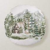 緑の松の森の森の森の中の水彩小屋 ラウンドクッション (正面)