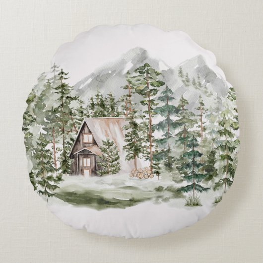 緑の松の森の森の森の中の水彩小屋 ラウンドクッション (正面)