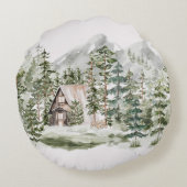 緑の松の森の森の森の中の水彩小屋 ラウンドクッション (裏面)