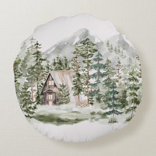 緑の松の森の森の森の中の水彩小屋 ラウンドクッション (裏面)