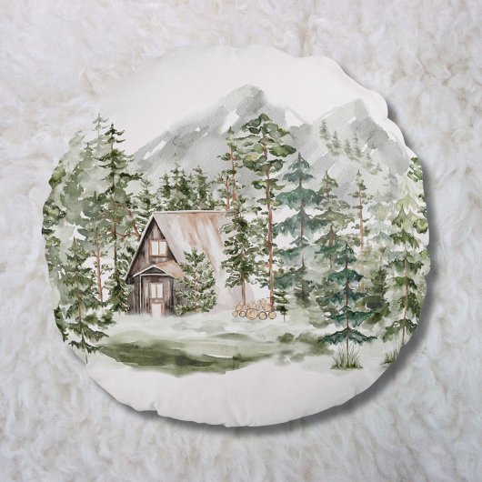 緑の松の森の森の森の中の水彩小屋 ラウンドクッション