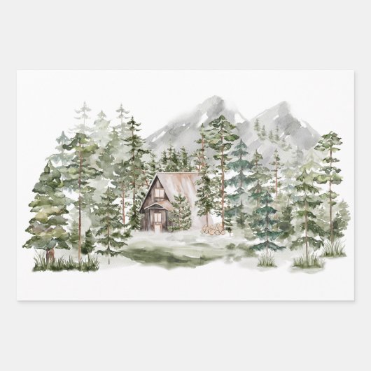 緑の松の森の森の森の中の水彩小屋 ラッピングペーパーシート (正面3)