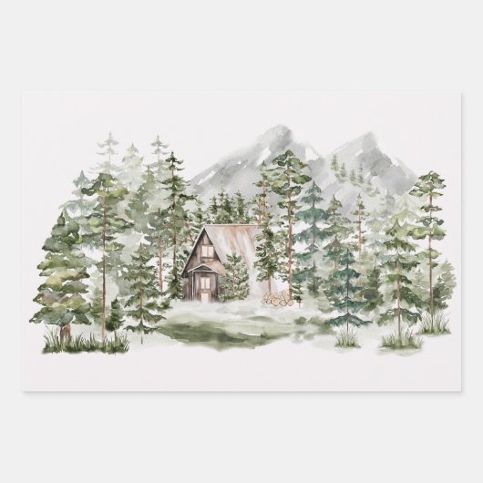 緑の松の森の森の森の中の水彩小屋 ラッピングペーパーシート (正面)