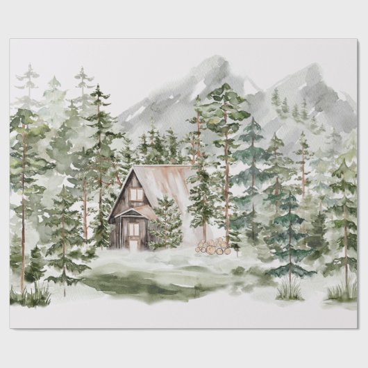 緑の松の森の森の森の中の水彩小屋 ラッピングペーパー (フラット)