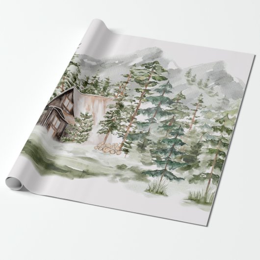 緑の松の森の森の森の中の水彩小屋 ラッピングペーパー (アンロールド)