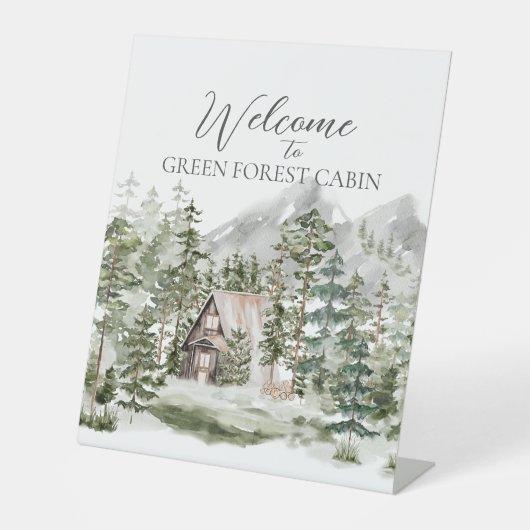 緑の松の森の森の森の中の水彩小屋 台座サイン (正面)