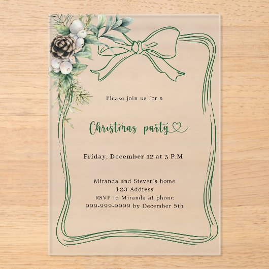 緑の松の緑の霜のクリスマスのパーティー アクリル招待状 (正面)