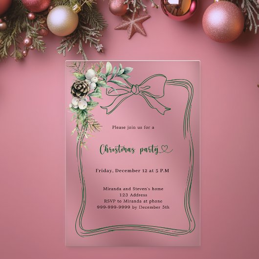 緑の松の緑の霜のクリスマスのパーティー アクリル招待状