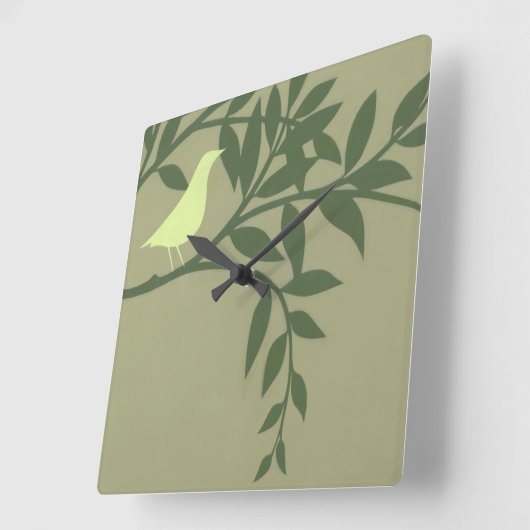 緑の枝でとまる緑の鳥 スクエア壁時計 (傾斜)