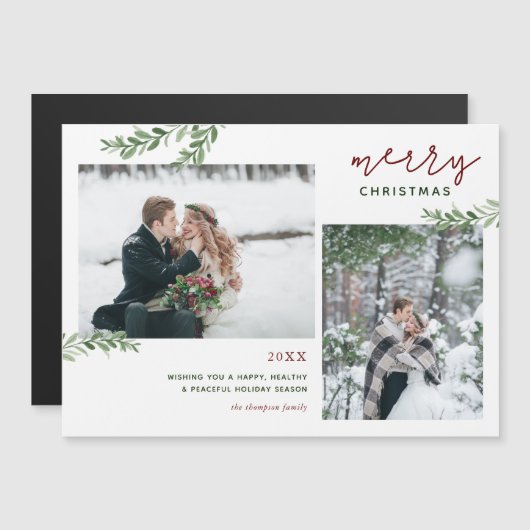 緑の枝2枚のフォトマグネティッククリスマスカード (正面/裏面)
