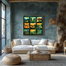 緑の枠の砂漠アートグリッド – ジオメト鮮やかリ ポスター