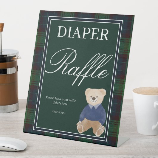 緑の格子付きテディベア赤ちゃんシャワーおむつラッフル 台座サイン (インサイチュ)