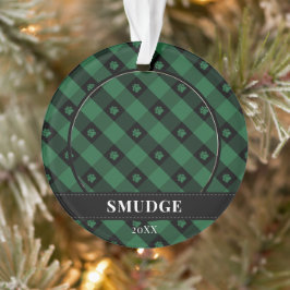 緑の格子柄の前足跡ペット写真 オーナメント
