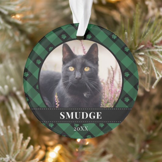 緑の格子柄の前足跡ペット写真 オーナメント (ツリー)