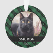 緑の格子柄の前足跡ペット写真 オーナメント (正面)