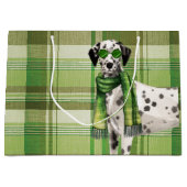 緑の格子模様のクリスマスを持つダルマおもしろいス犬 ラージペーパーバッグ (正面)