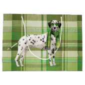 緑の格子模様のクリスマスを持つダルマおもしろいス犬 ラージペーパーバッグ (裏面)